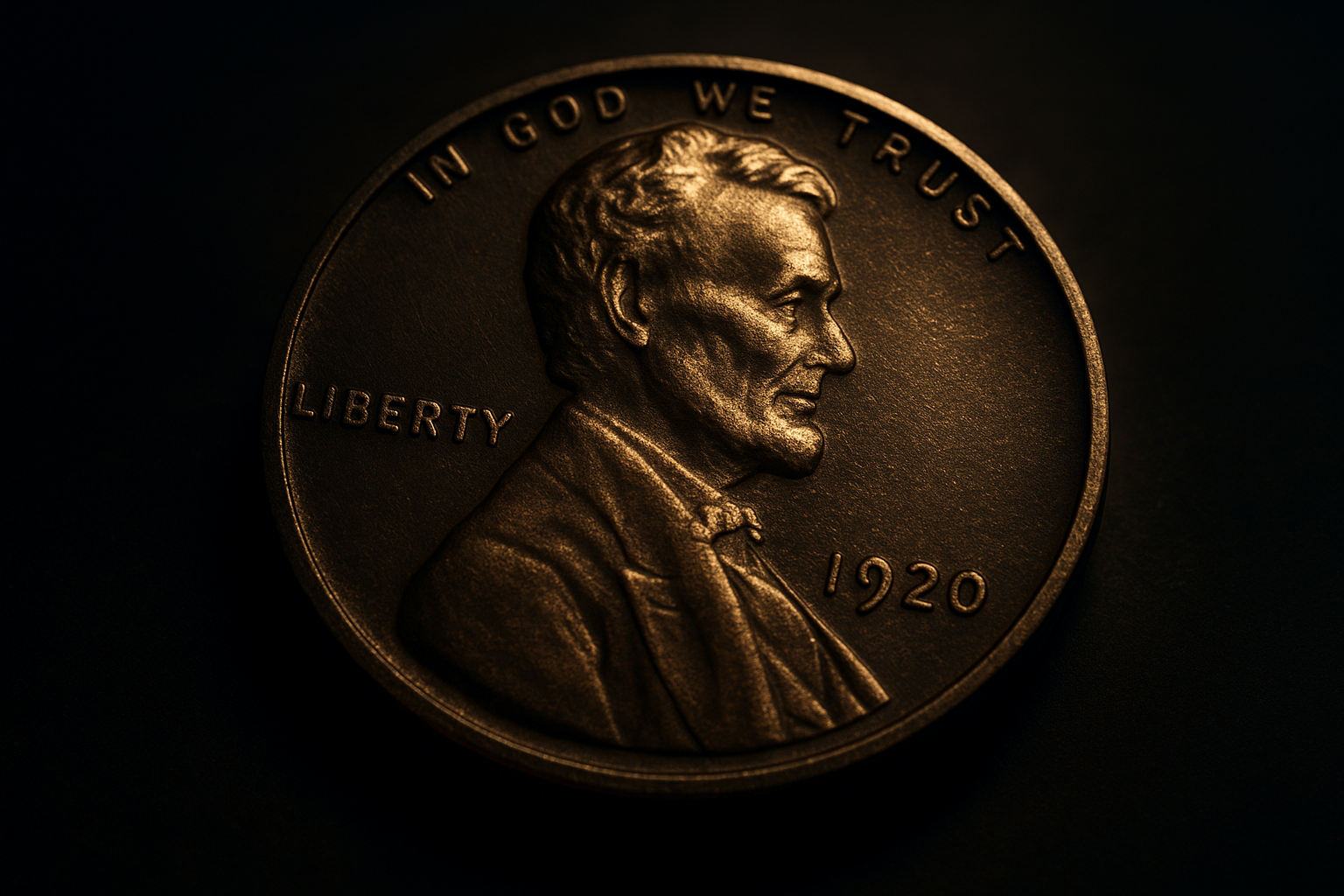 American penny with dramatic lighting highlighting engraved details