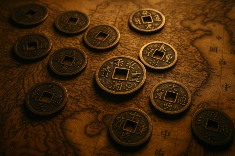 Ancient Chinese cash coins on a vintage silk map of imperial China