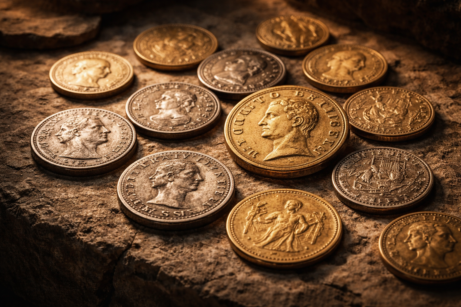Ancient Roman coins arranged on a stone surface under museum lighting