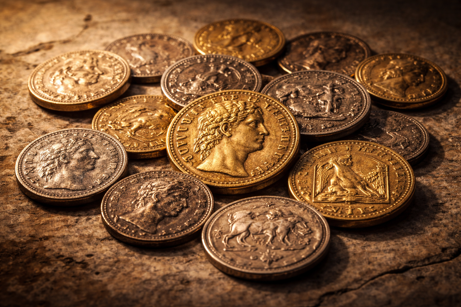 Ancient Roman coins displayed on a stone surface under museum lighting