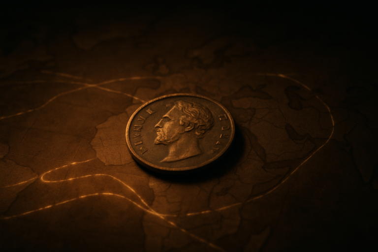 Ancient coin resting on a faded world map symbolizing long journeys