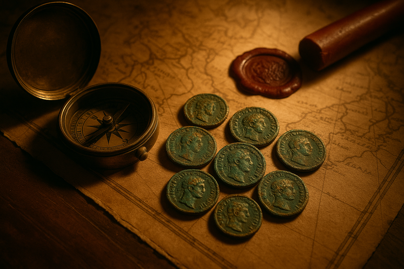 Ancient coins displayed on an old trade route map