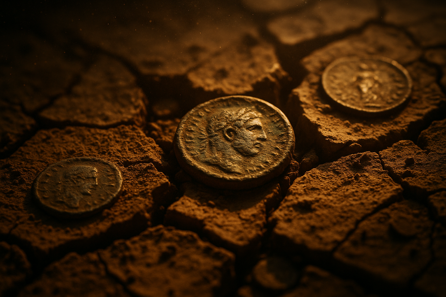 Ancient coins partially uncovered in desert soil during an archaeological discovery
