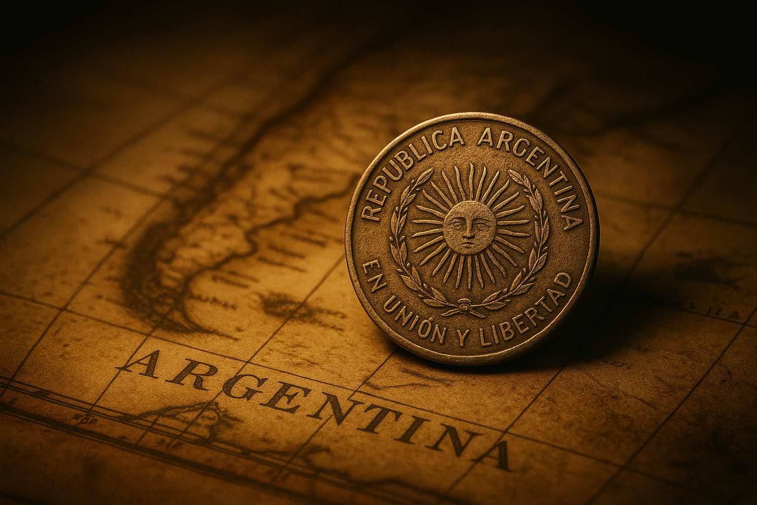Cinematic view of an Argentine peso coin lying on an antique map of Argentina