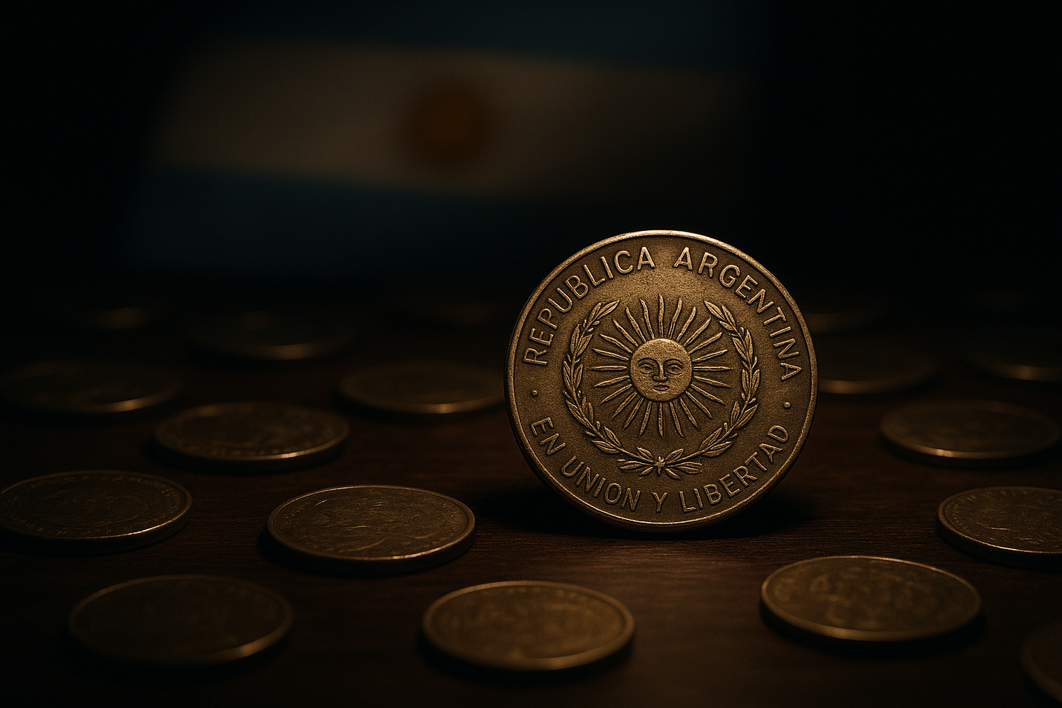 Cinematic view of scattered Argentine peso coins on a dark wooden table