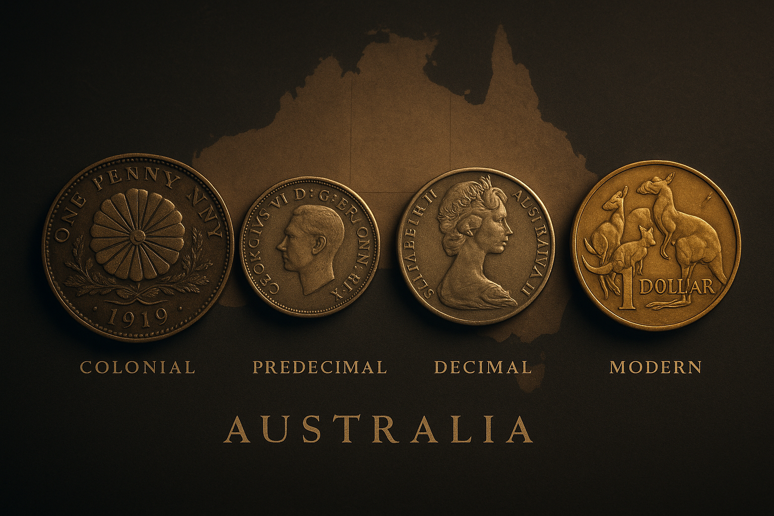 Cinematic 3D composition of Australian coin history laid out as a visual timeline from colonial era to modern minting