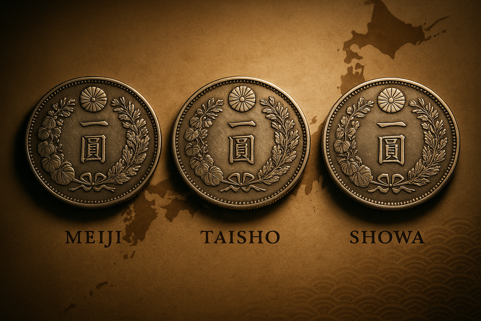 Cinematic 3D composition of Japanese coin eras arranged as a timeline from Meiji to Taisho to Showa