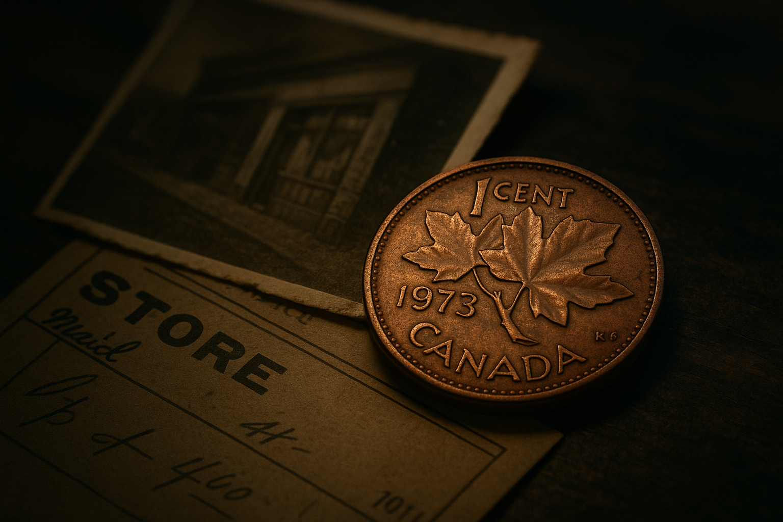 Cinematic scene of a 1973 Canadian penny beside an old black and white photo album