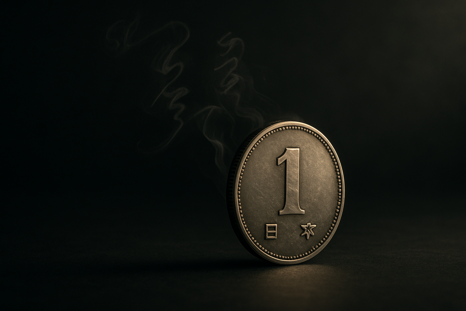 Cinematic 3D conceptual scene of a single Japanese yen coin standing upright with faint whisper-like trails