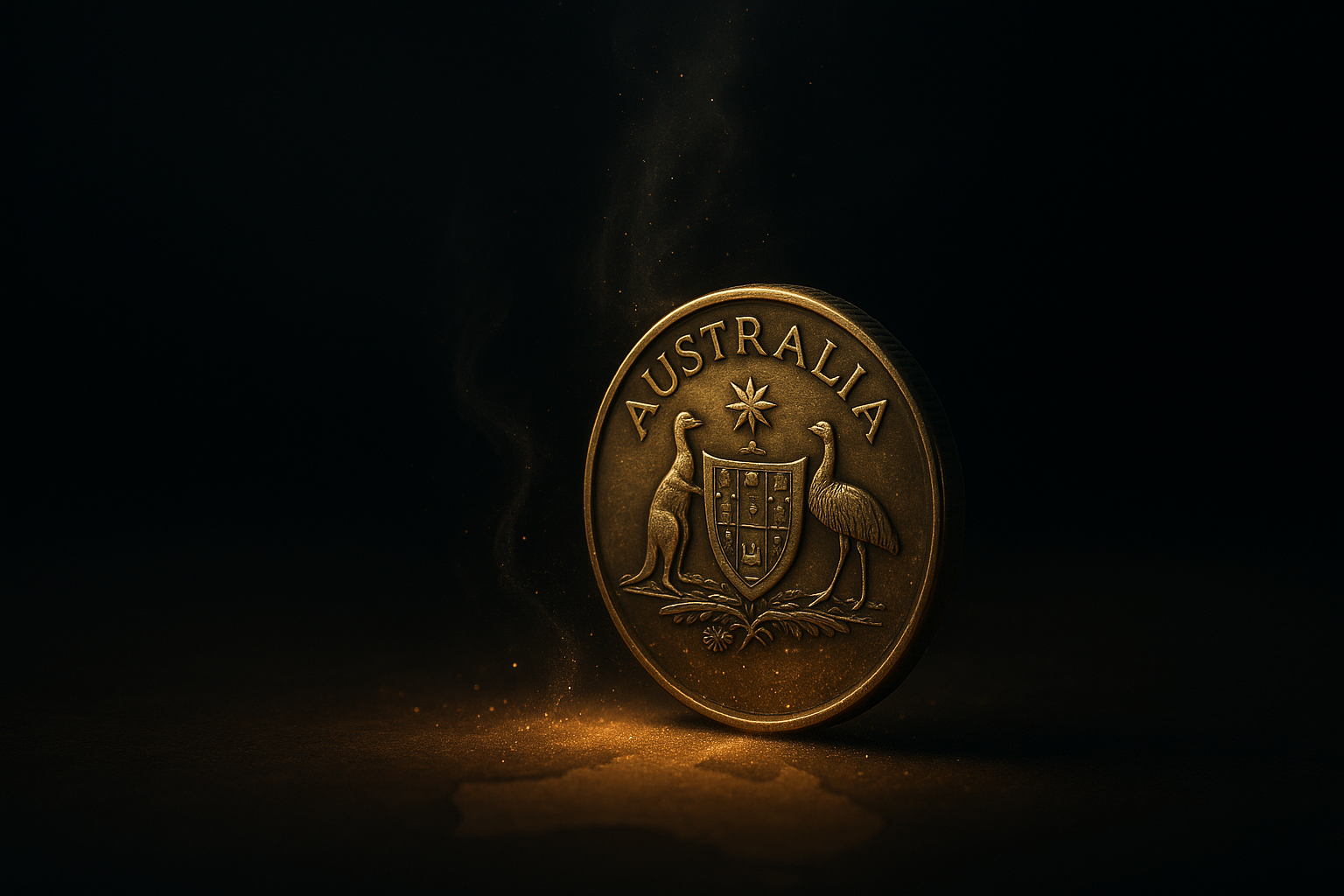 Cinematic 3D conceptual scene of a single Australian coin standing upright in a mythic atmosphere
