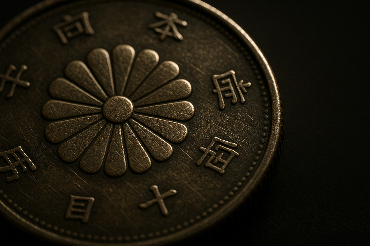 Cinematic 3D macro close-up of an old Japanese yen coin showing an imperial chrysanthemum crest under dramatic rim lighting