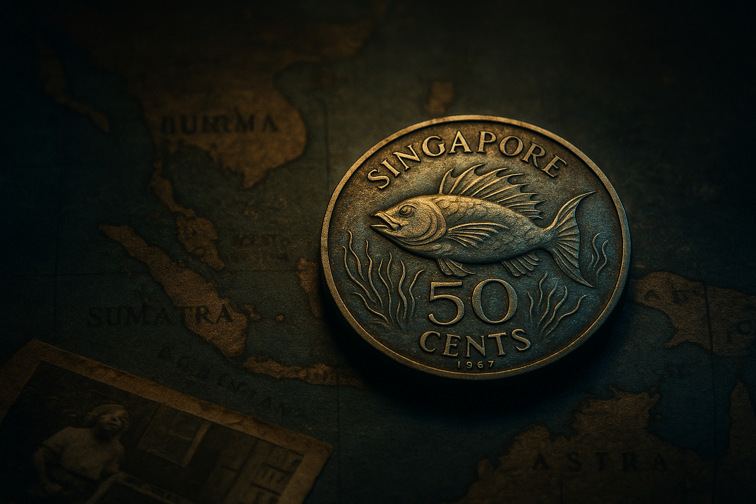 Cinematic 3D render of a 1967 Singapore Lion-Fish 50 cents coin resting on a weathered map of Southeast Asia