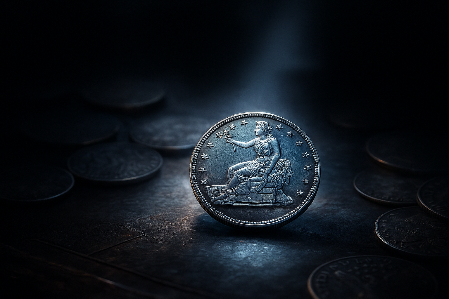 Cinematic 3D render of a rare American silver dollar glowing softly on an antique surface