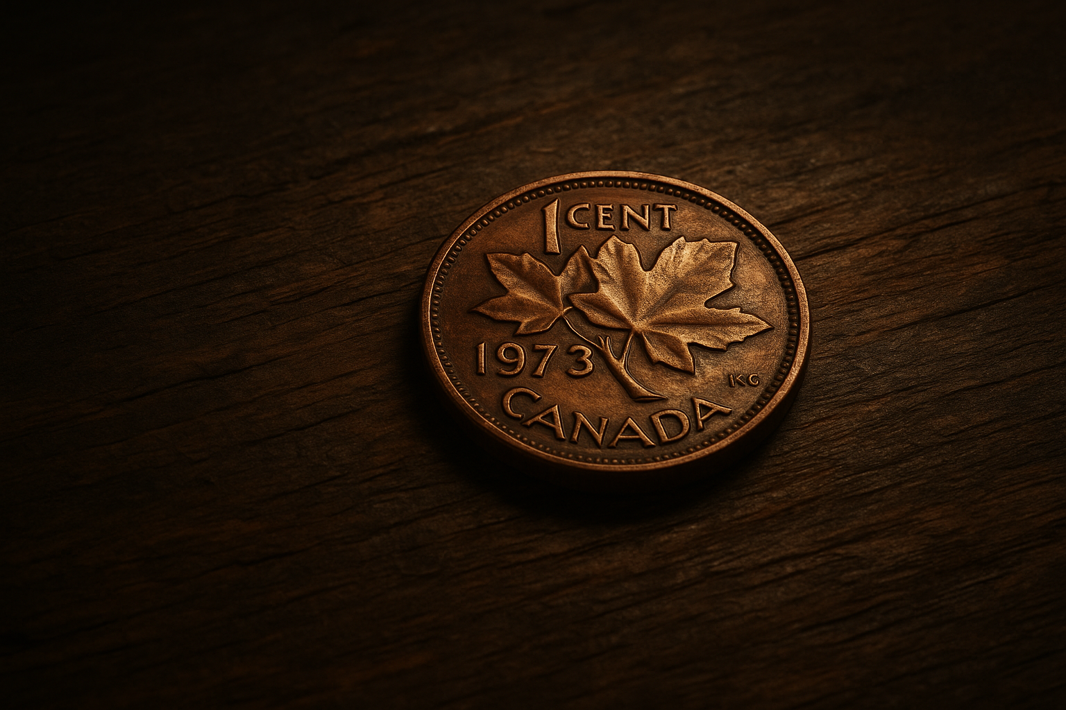 Cinematic 3D render of a single 1973 Canadian penny on an old wooden table