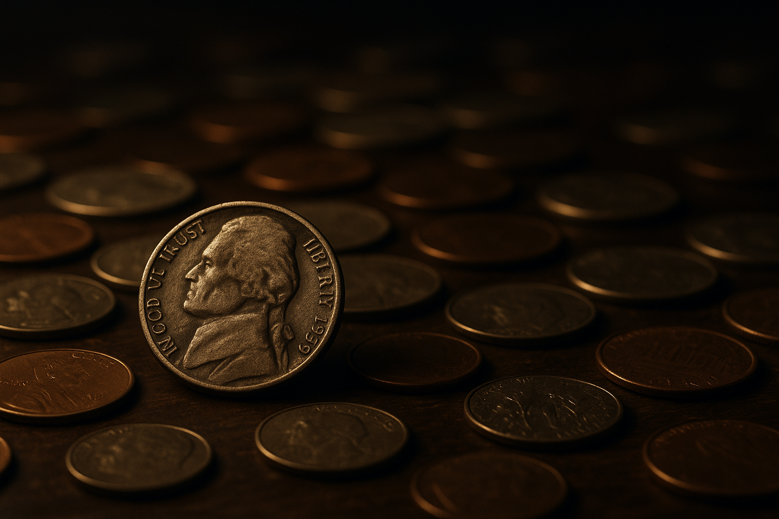 Cinematic render of a worn American nickel resting among scattered mixed coins