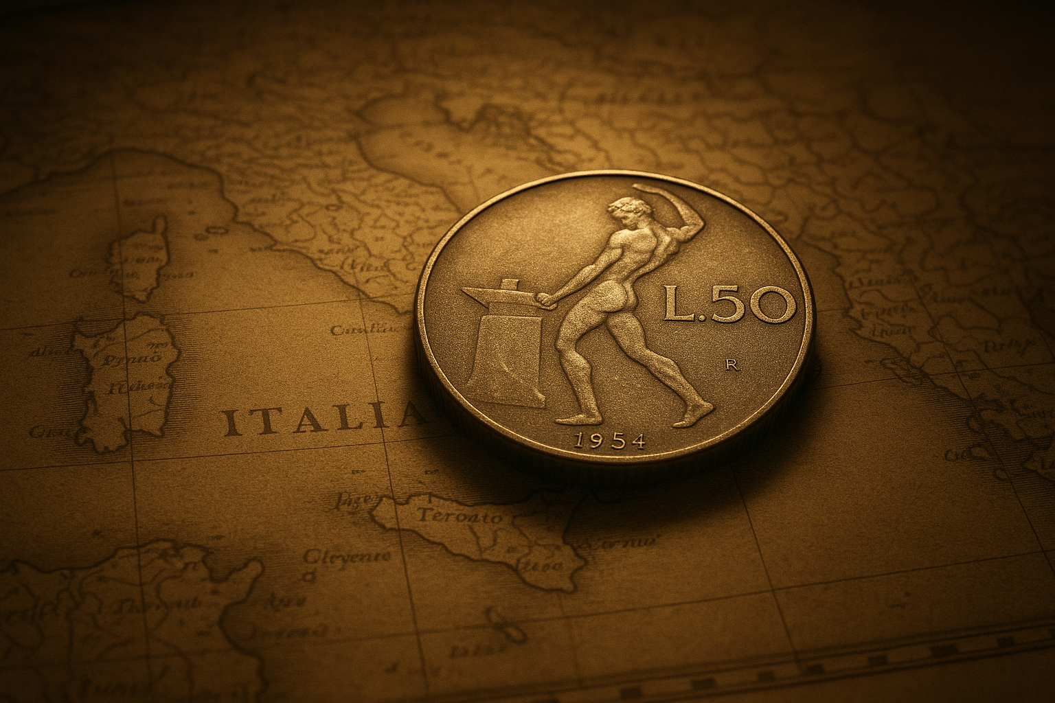 Cinematic render of an Italian 50 lira coin resting on an antique map of Italy