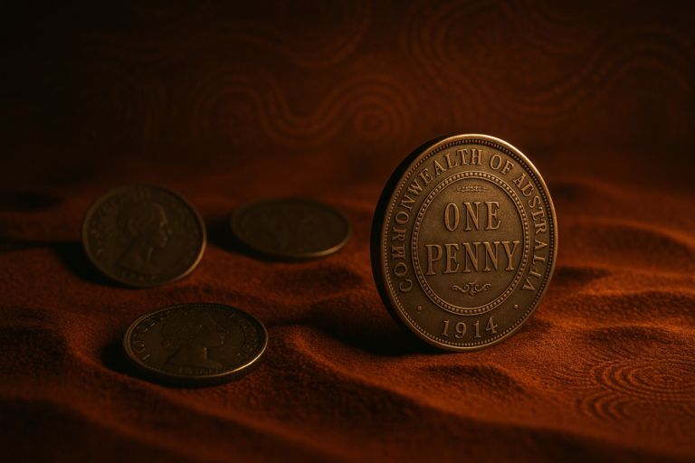 Cinematic 3D render of antique Australian coins