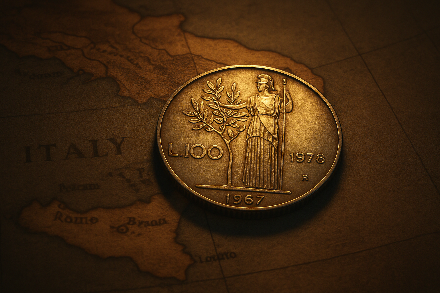Italian 100 Lire Minerva coin on an old map of Italy