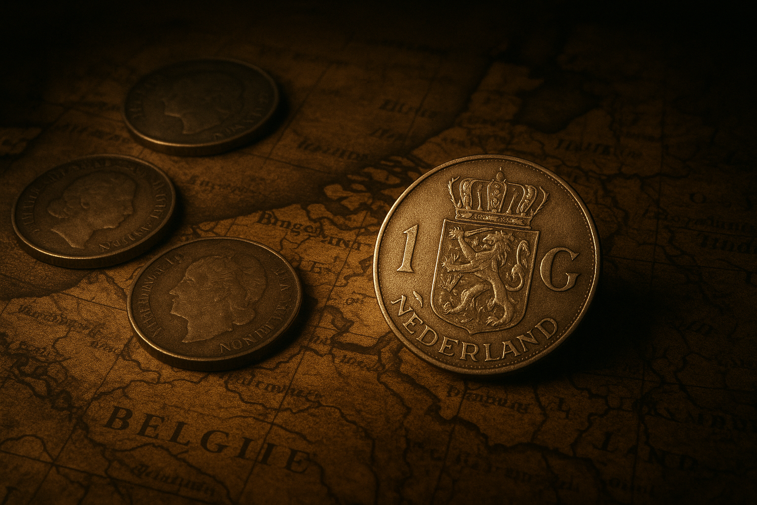 Cinematic 3D render of worn Dutch guilder coins on an antique map of Europe