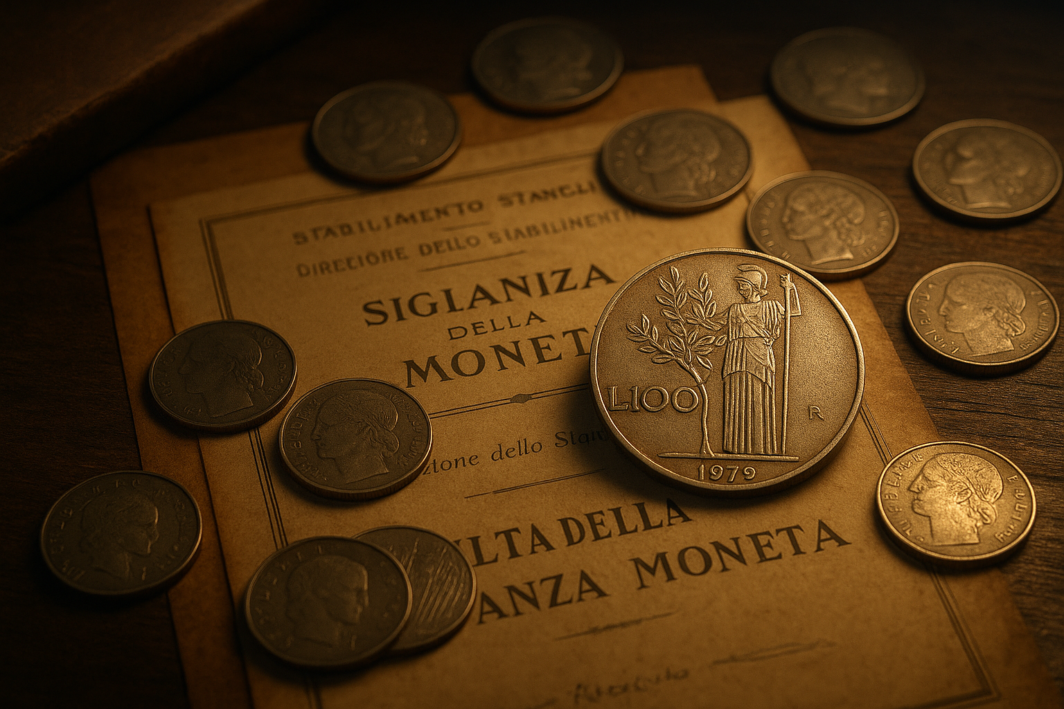 Italian lira coins arranged on a vintage wooden desk