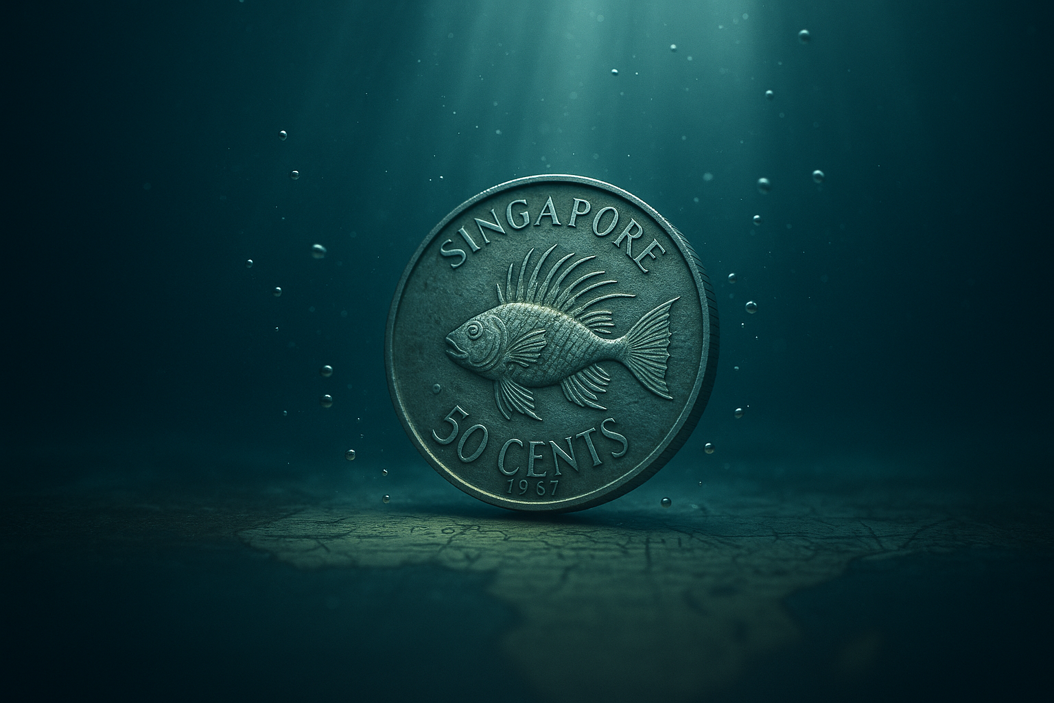 Cinematic underwater-style composition of the 1967 Singapore Lion-Fish coin sinking into blue-green water