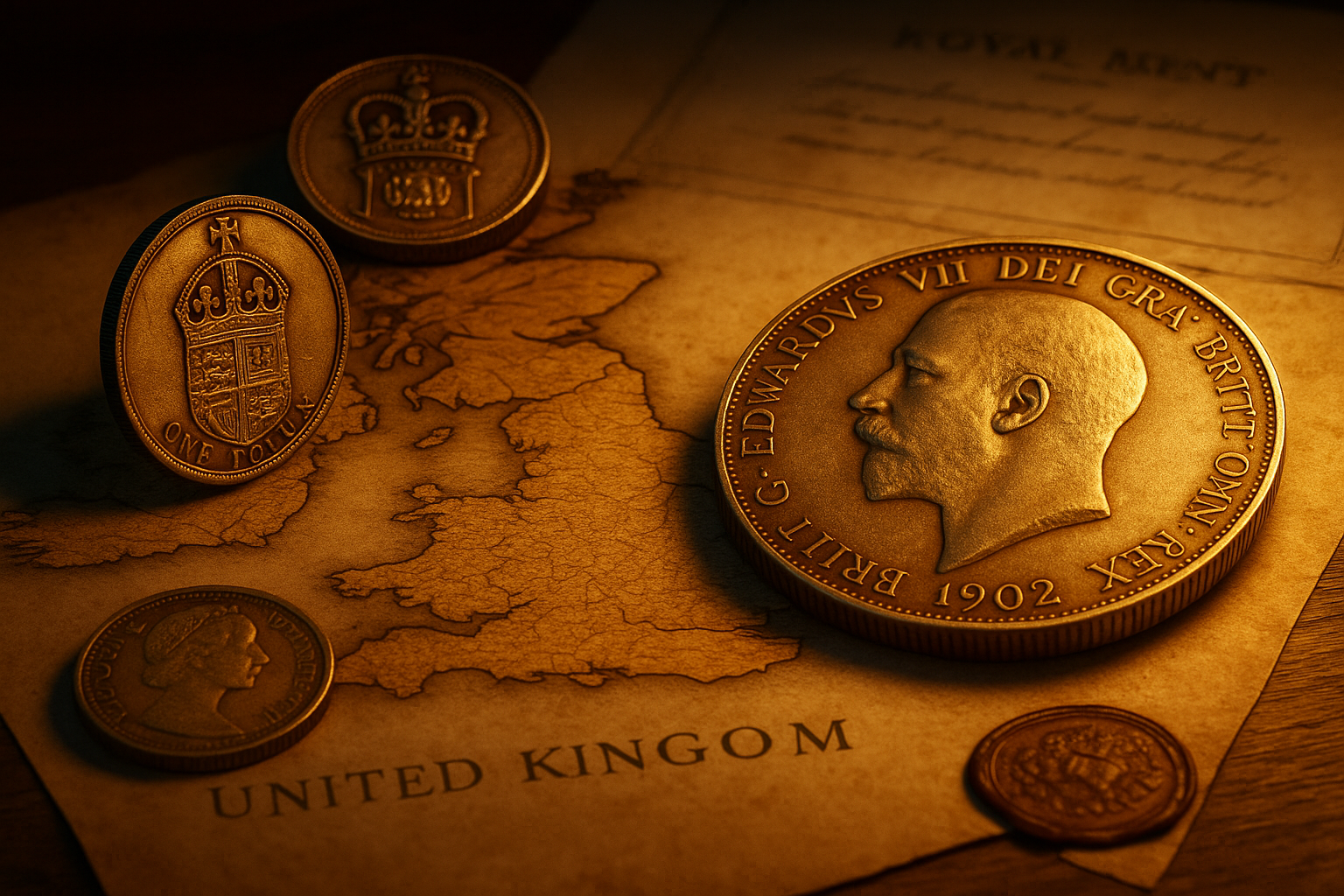 Cinematic render of rare British coins on a vintage UK map