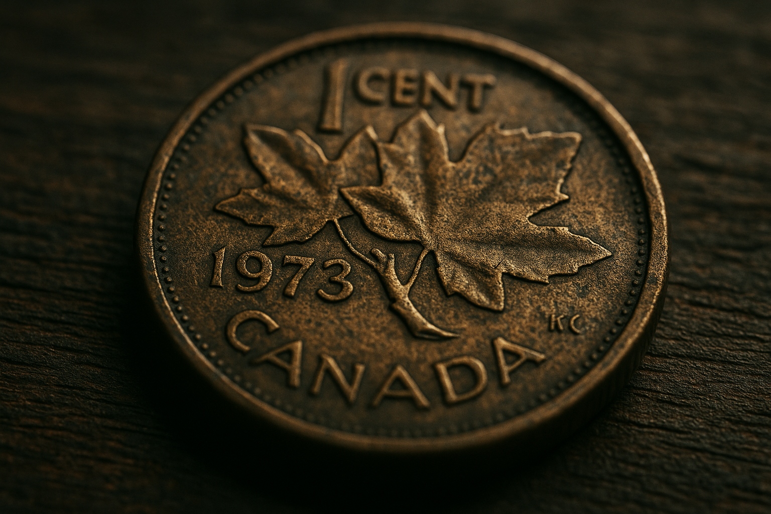 Close-up macro view of a worn 1973 Canadian penny showing the maple leaf design