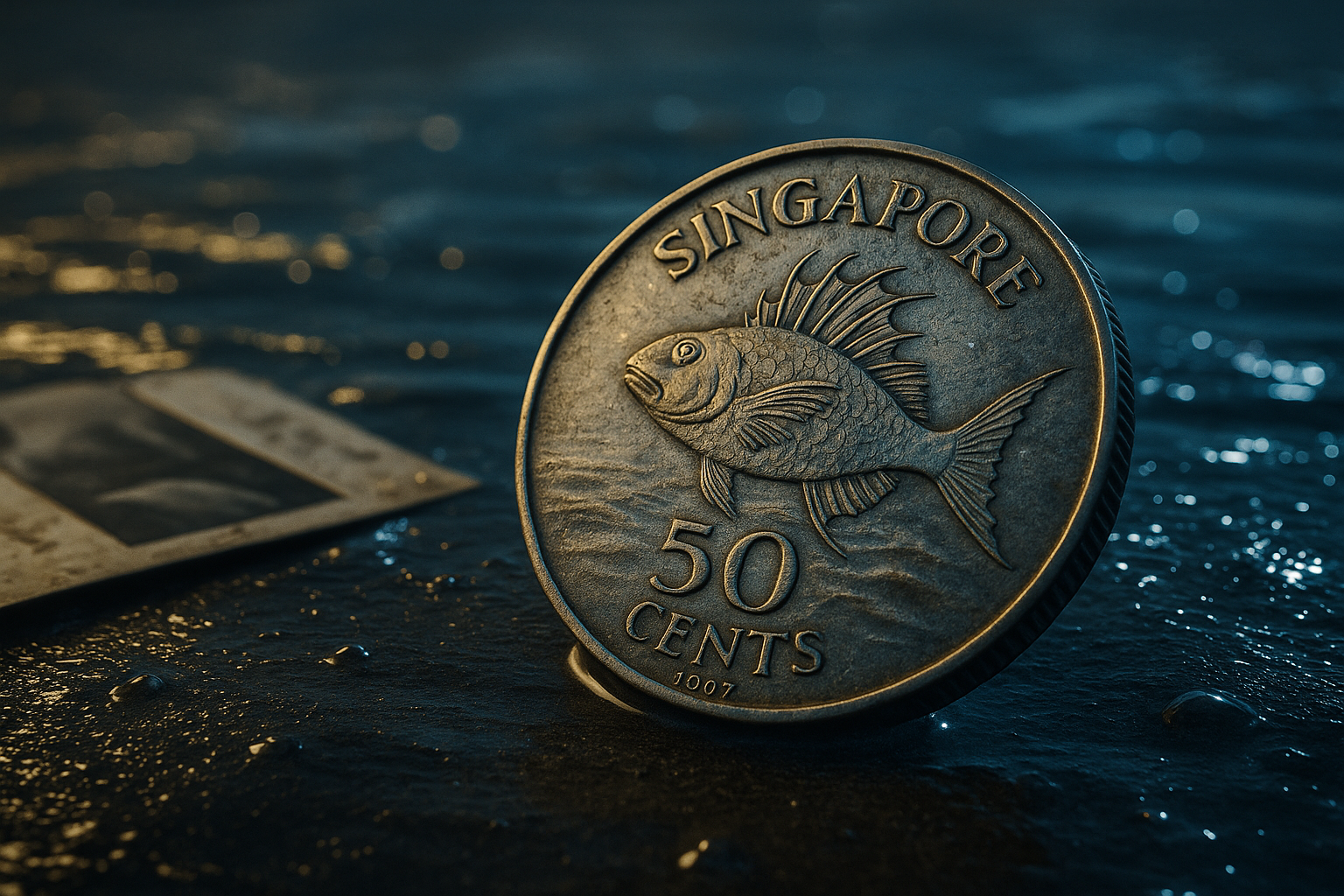 Close-up macro view of the 1967 Singapore Lion-Fish 50 cents coin lying on wet sand with faint sea reflections