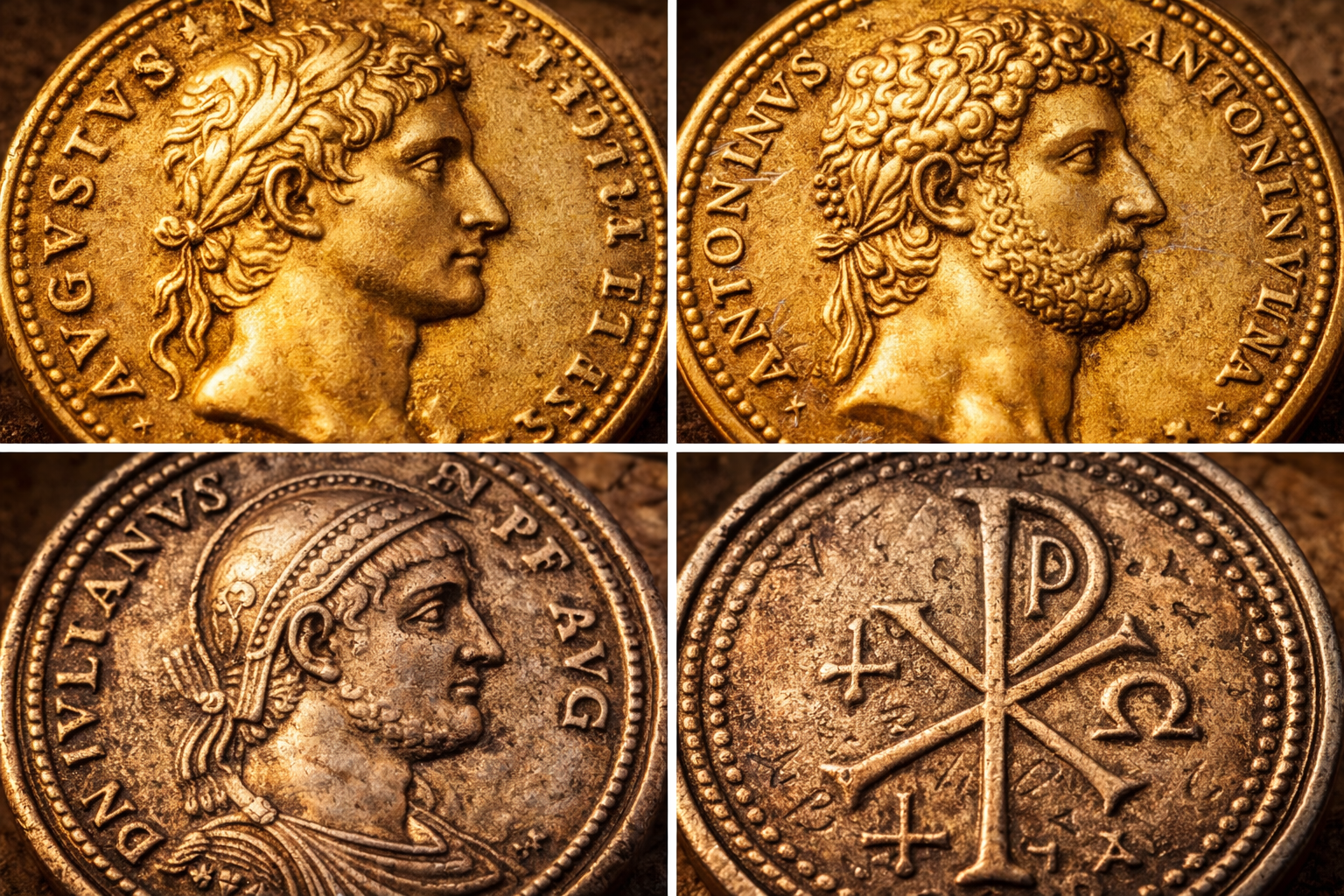 Close-up of Roman coin designs changing over time