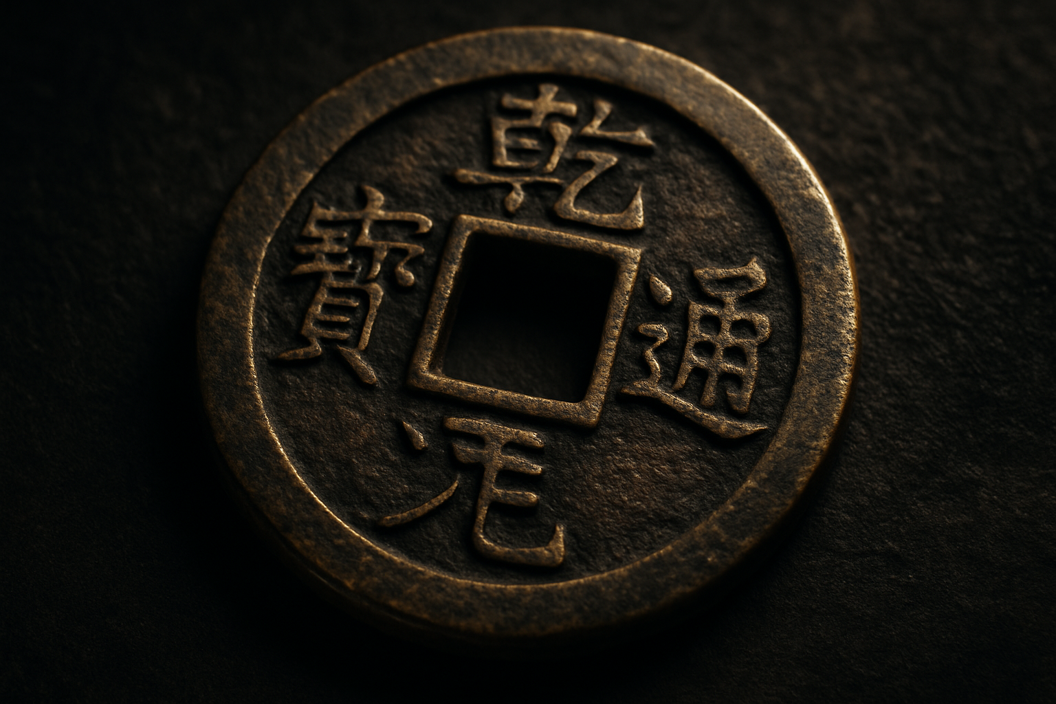Close-up of a Chinese cash coin with square hole and engraved characters