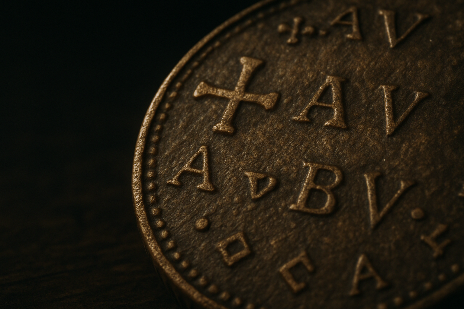 Close up of worn coin symbols and tiny details shaped by time