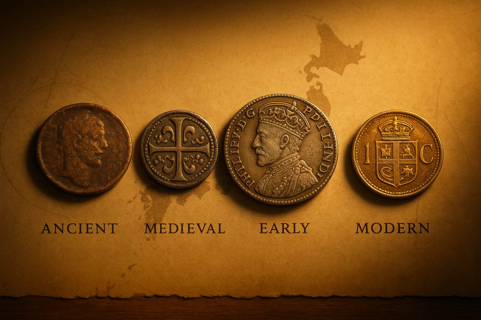 Coins from ancient medieval and early modern eras arranged as a historical timeline