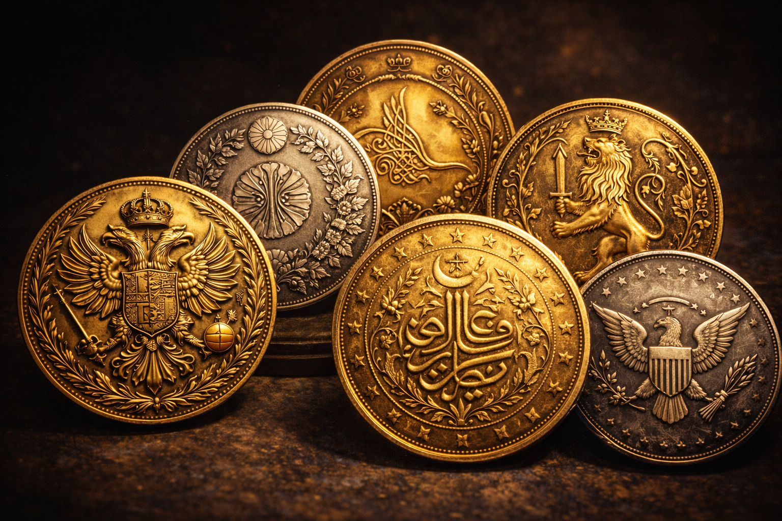 Coins from different regions showing symbols of power on money