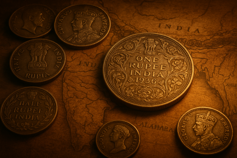 Historic Indian rupee coins displayed on an old map of India