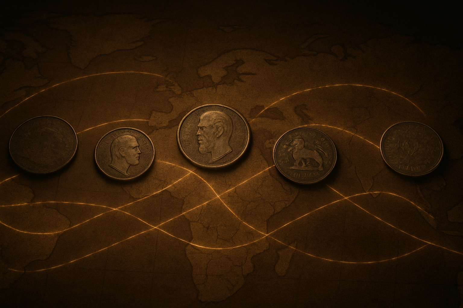 Historic coins arranged along ancient trade routes