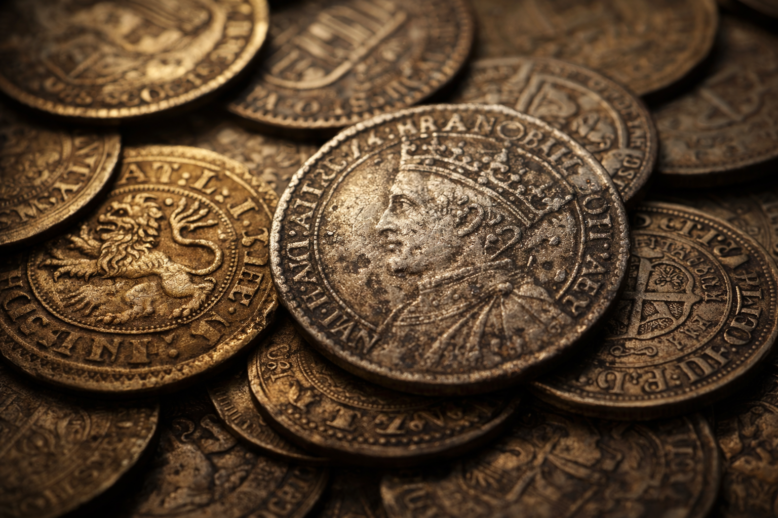 Layered visual representation of historical coin stories