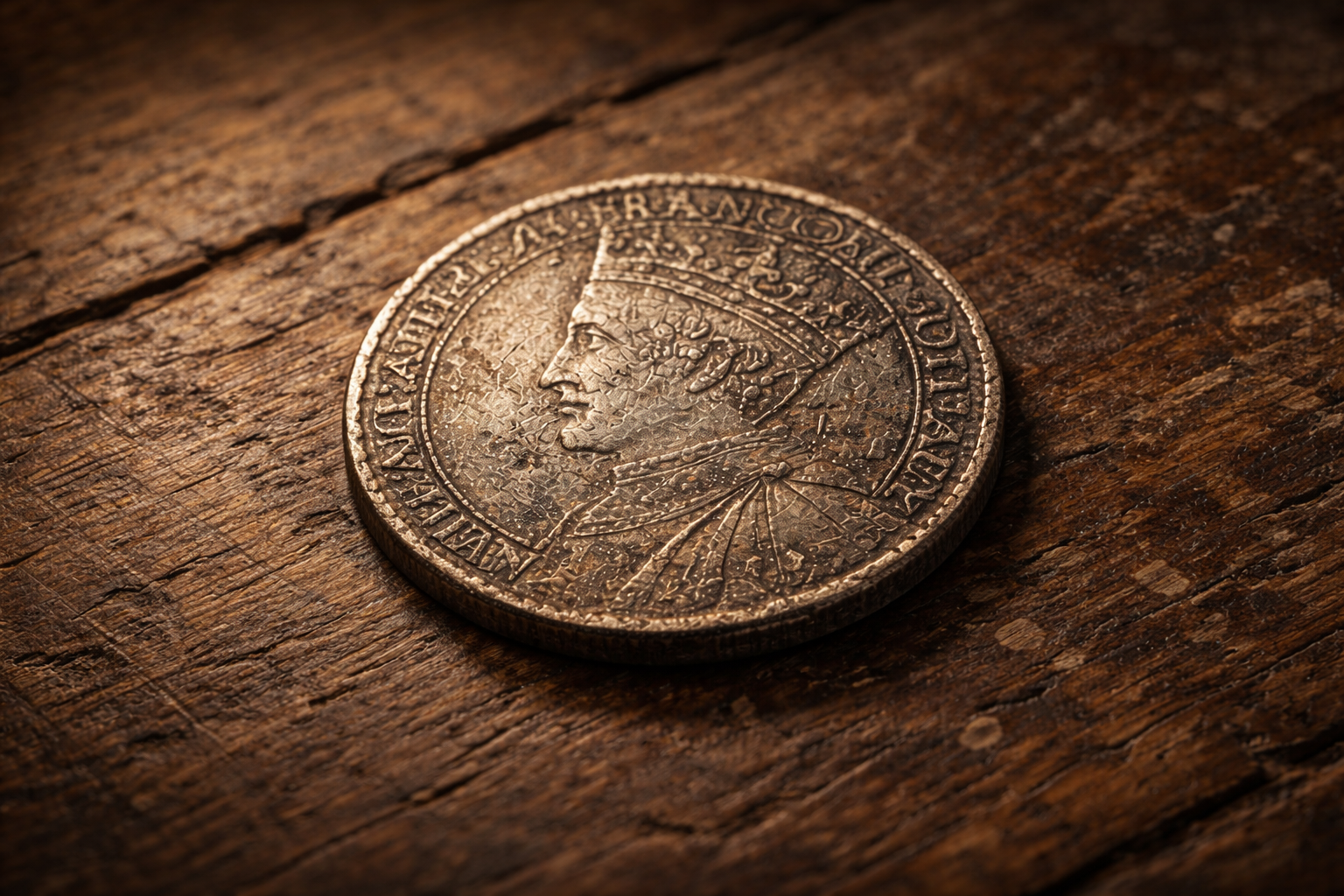 Historical coin originally made for everyday use shown under museum-style lighting