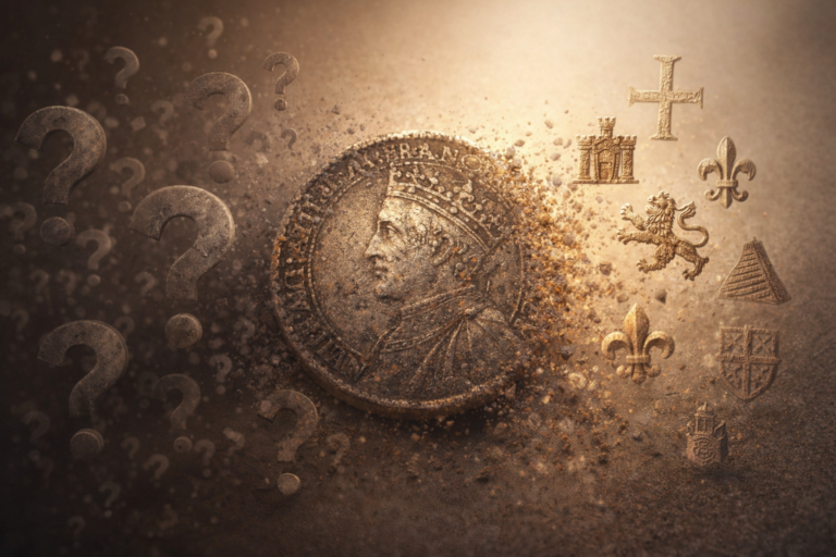 Historical coin surrounded by abstract symbols representing misunderstanding and clarification through historical context
