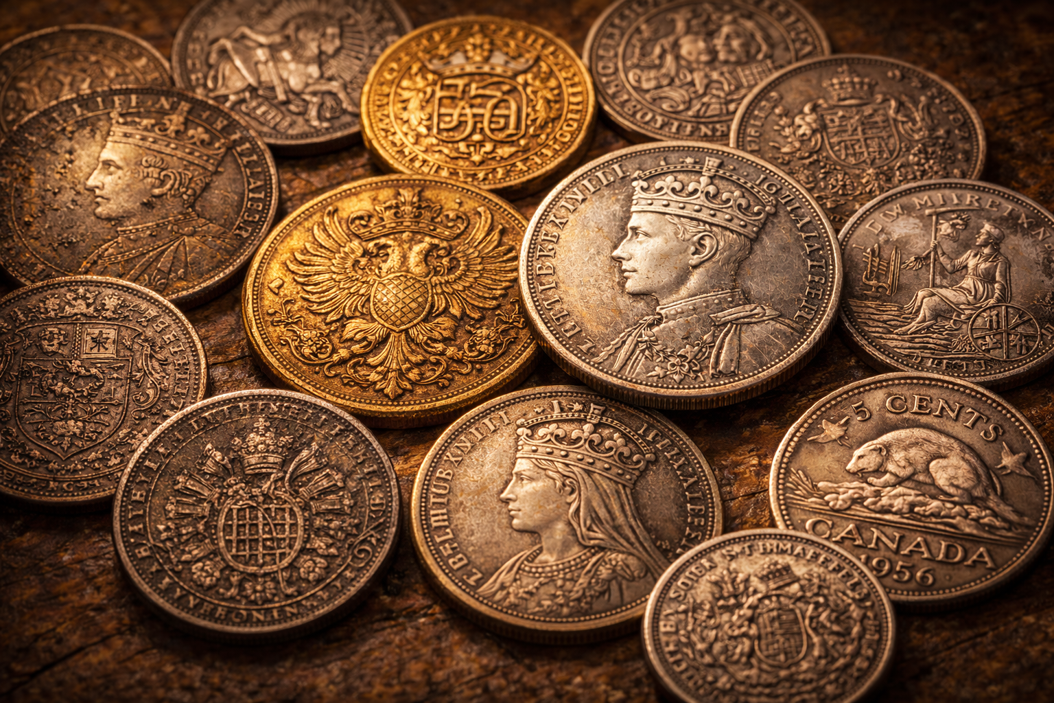 Historical coins from different regions showing design changes over time