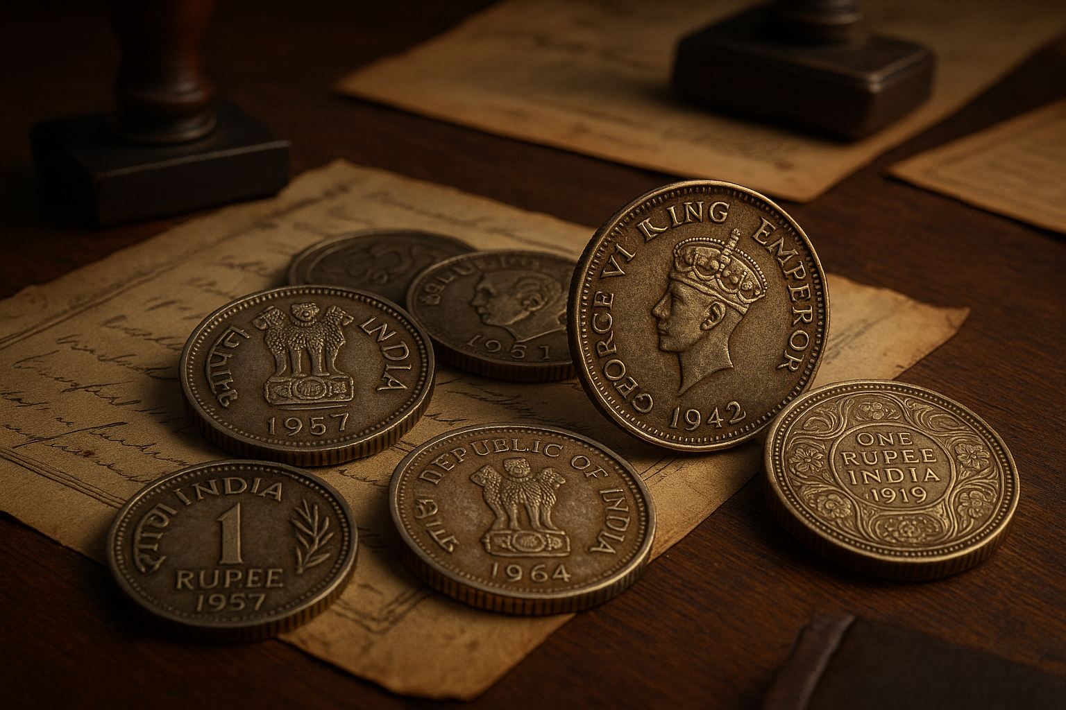 Indian rupee coins from different historical periods