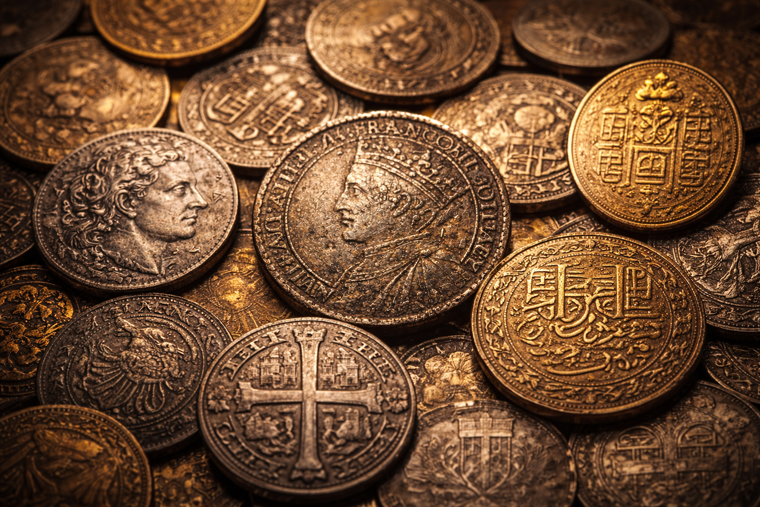Layered historical coins from different regions highlighting global patterns of misunderstanding