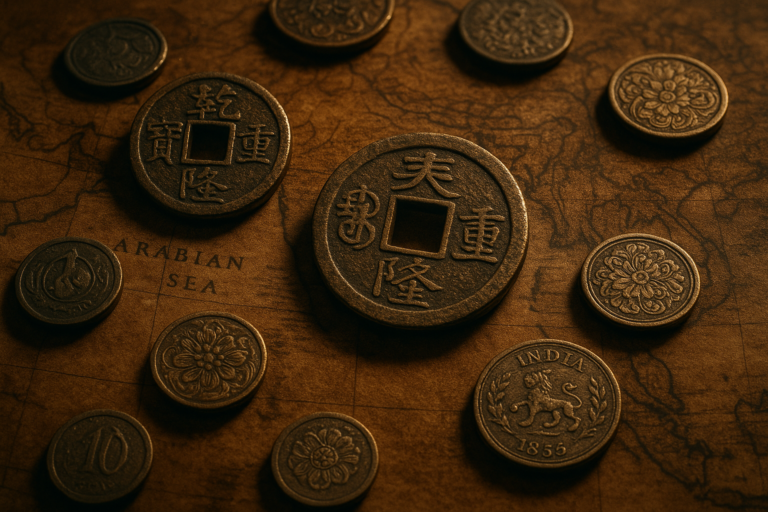 Legendary Asian coins over ancient trade route map
