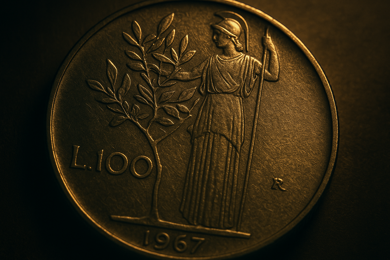 Close-up of the Italian 100 Lire coin showing Minerva design