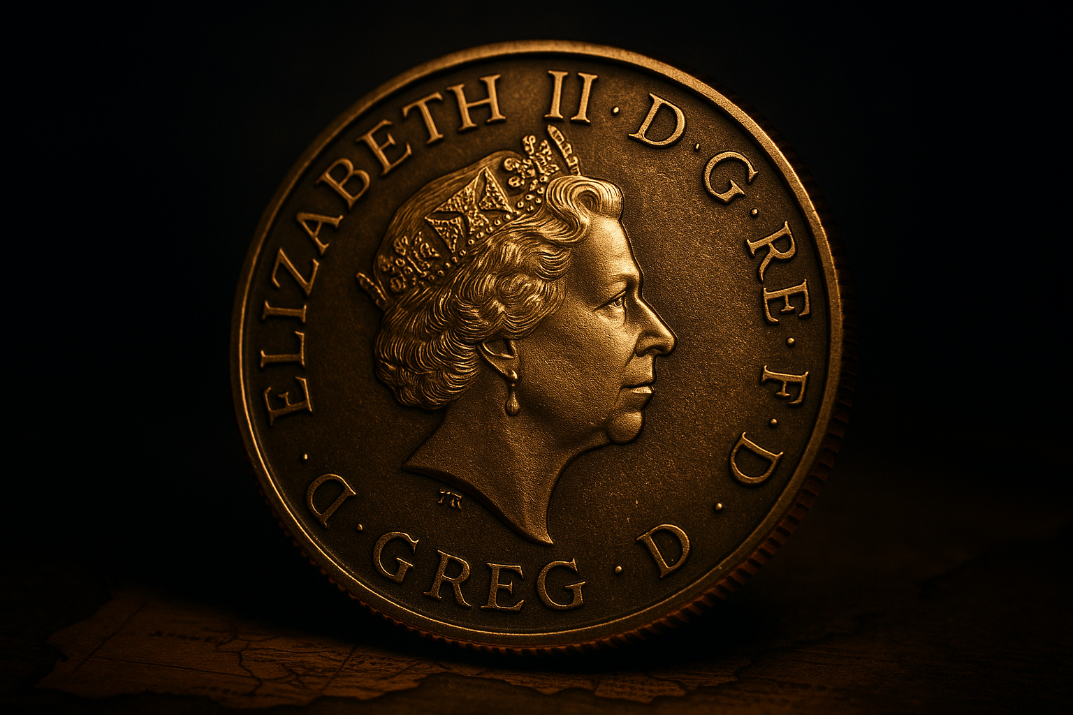 Macro view of intricate engravings on a rare British coin