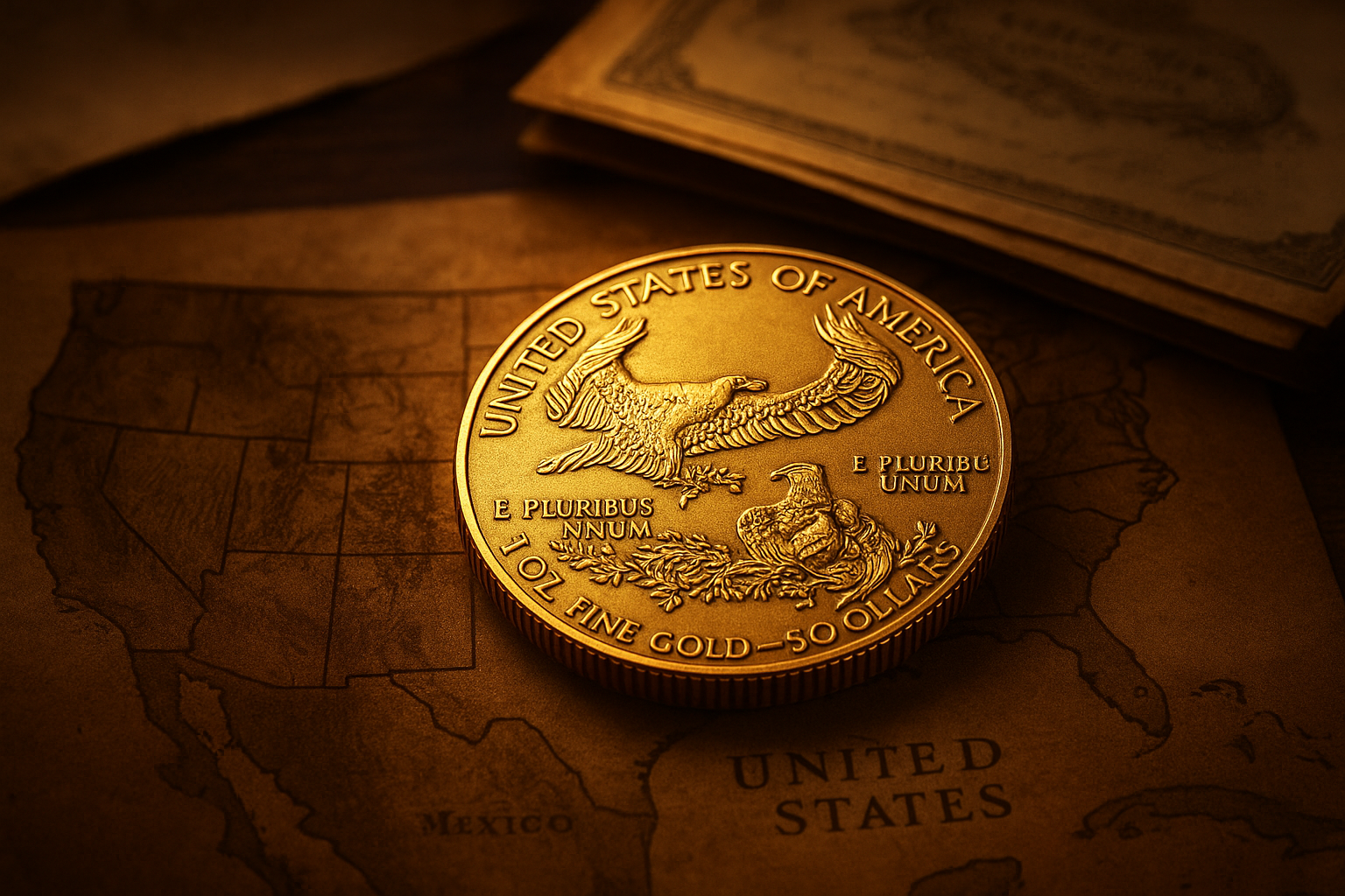 Cinematic render of the American Eagle gold coin on a vintage map