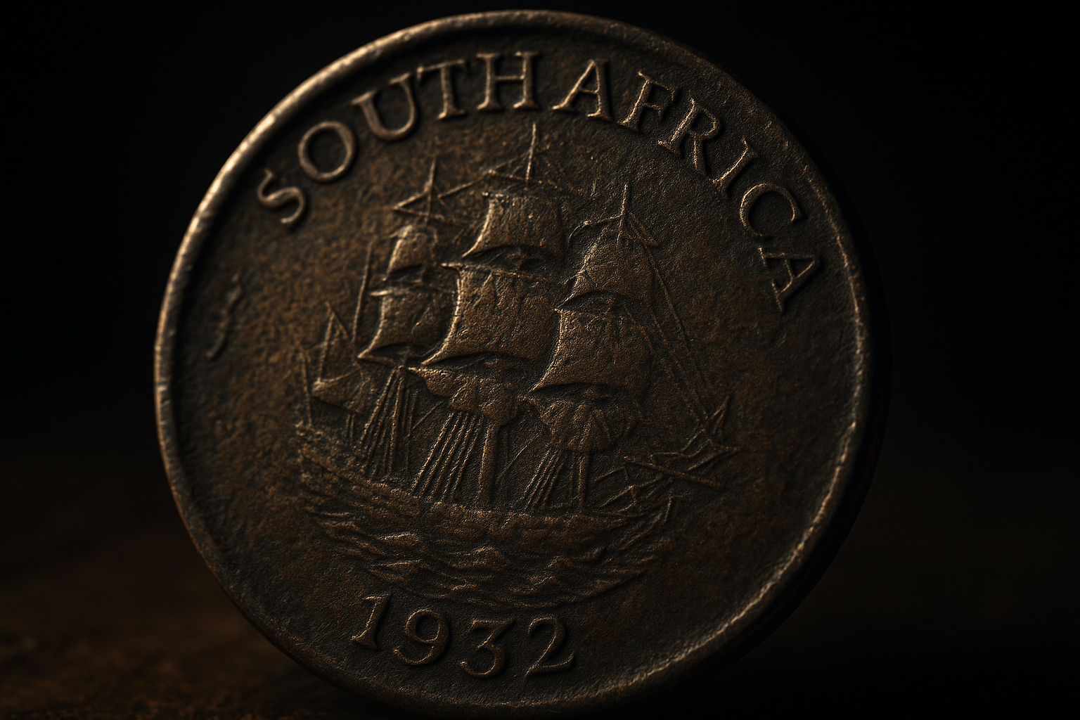 Old South African coin showing heavy wear and deep patina