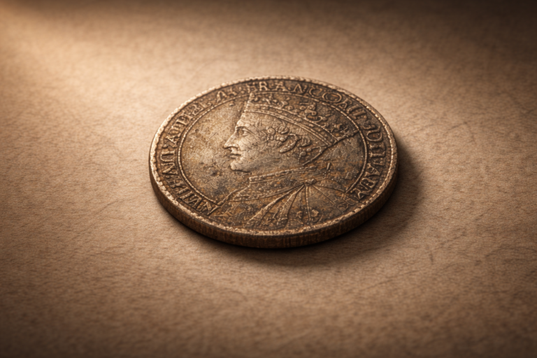 Old historical coin shown under museum lighting representing perceived importance