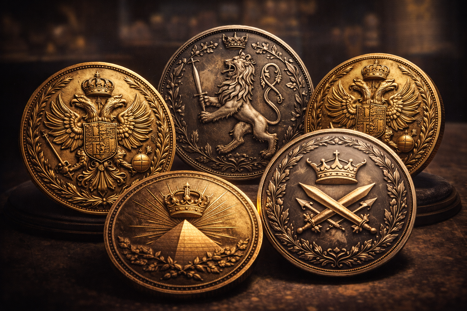 Power symbols on historical coins representing political authority