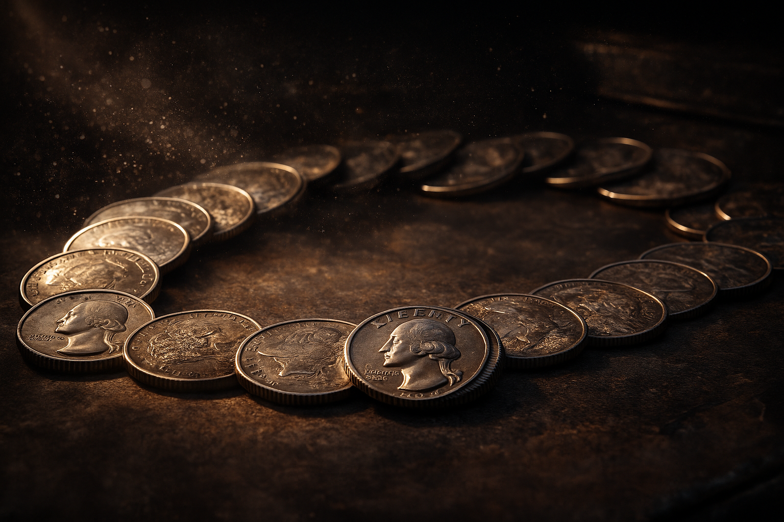 Rare American coins arranged under warm cinematic lighting