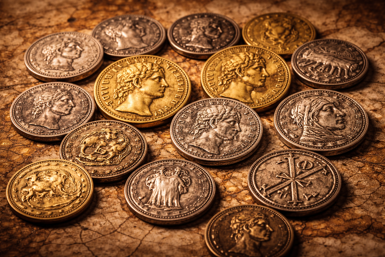 Roman coins from different periods showing design differences